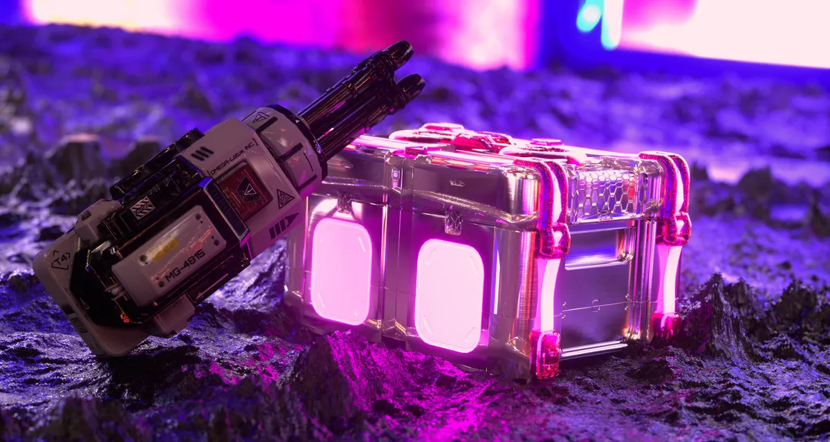 Computer game image of a gun leaning on a glowing crate